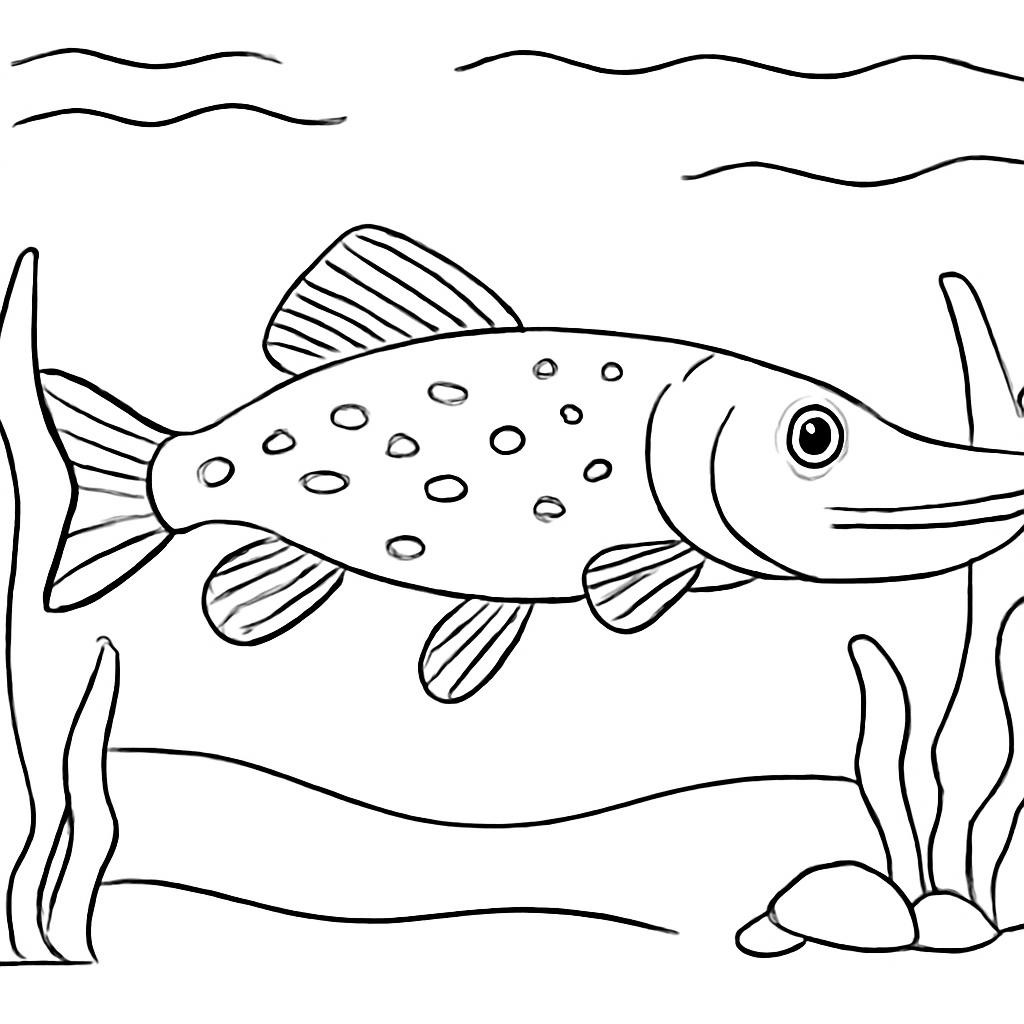 Black-and-white line-art coloring page for kids: a friendly pike fish swimming in a river among seaweed, simple bold contours, no shading, suitable for crayons.