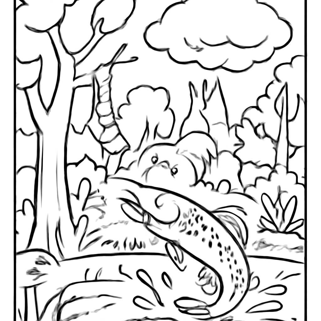 Black-and-white line-art coloring page for kids: a mysterious forest thicket (чаща) with a small pond. A pike fish (щука) is jumping out of the water. In the sky above, there is a large rain cloud (туча). A single striped stocking (чулок) is hanging on a tree branch like a flag. Simple bold contours, no shading, white background, suitable for crayons.