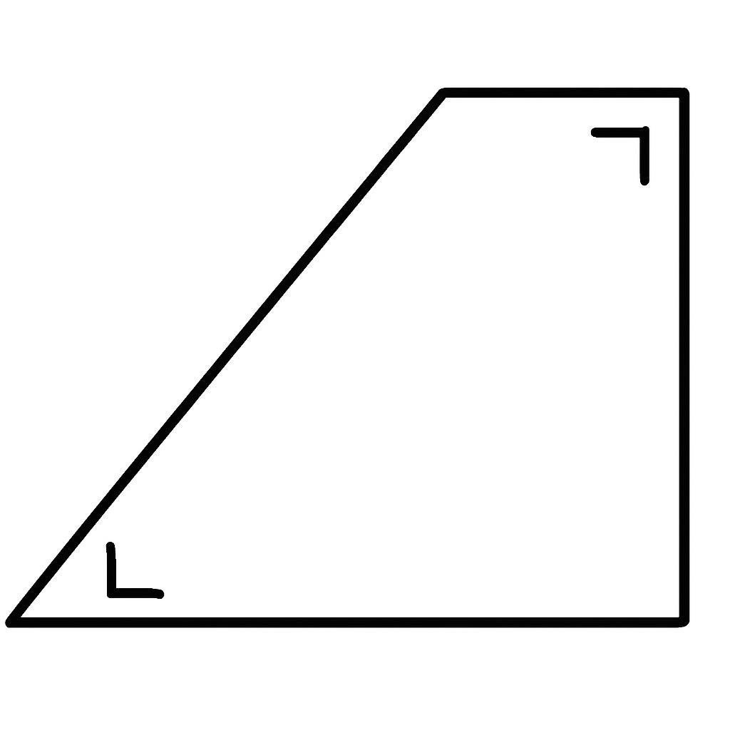Black and white line-art: Right-angled trapezoid with two right angle symbols in the corners, simple bold contours, no shading, suitable for crayons.