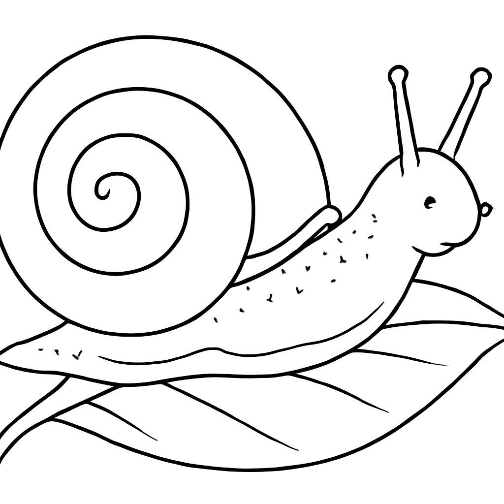 Black-and-white line-art coloring page for kids: a cute realistic snail with a large spiral shell on a leaf, simple bold contours, no shading.