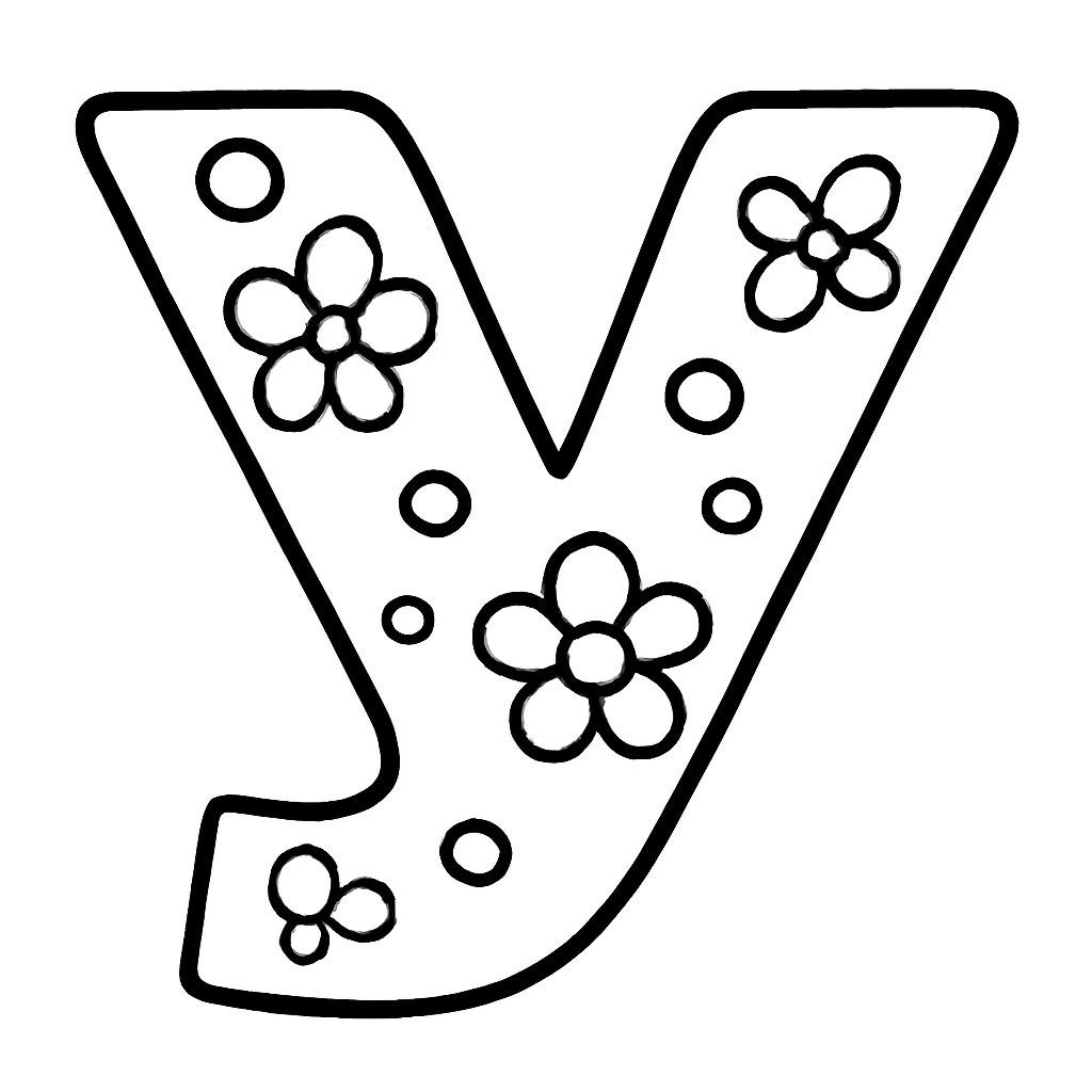 Black-and-white line-art: a large stylized capital letter 'У' decorated with simple flowers and dots inside, bold contours.