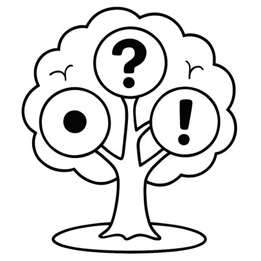 Black-and-white line-art coloring page for kids: a simple tree with three large round fruits. Inside the fruits are punctuation marks: a period, a question mark, and an exclamation mark. Simple bold contours, no shading.