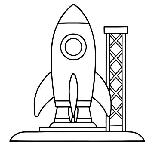 Black-and-white line-art coloring page for kids: a realistic sleek space rocket standing on a launchpad, simple bold contours, no shading, suitable for crayons.