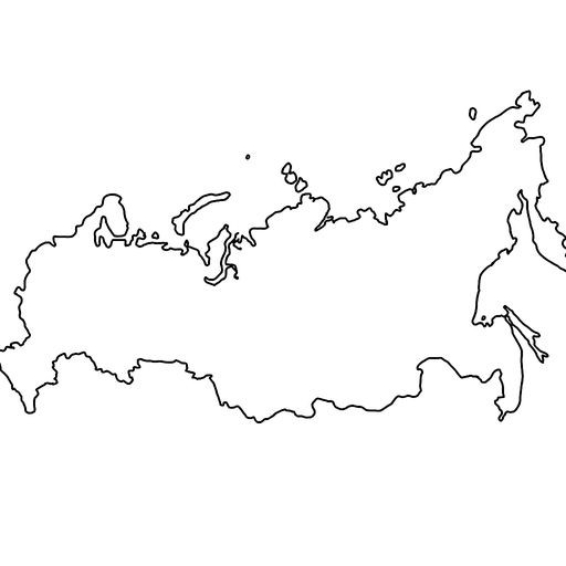 Black and white line art: complete and accurate outline map of the entire territory of Russia, including all borders from west to east, simple bold contours, no text, no shading.
