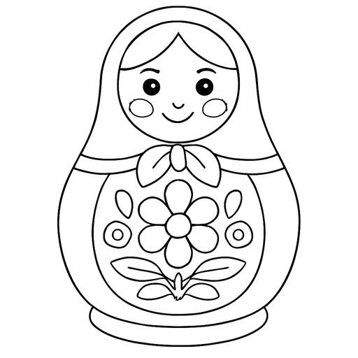 Black-and-white line-art coloring page for kids: a traditional Russian matryoshka doll with floral patterns on her apron, simple bold contours.