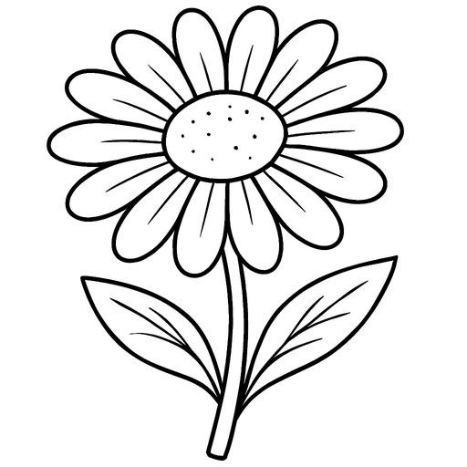 Black-and-white line-art coloring page for kids: a large chamomile flower with many petals and a stem with leaves, simple bold contours.