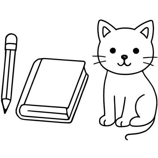 Black-and-white line-art for kids: a simple pencil, a closed book, and a small sitting cat. Simple bold contours, no shading.