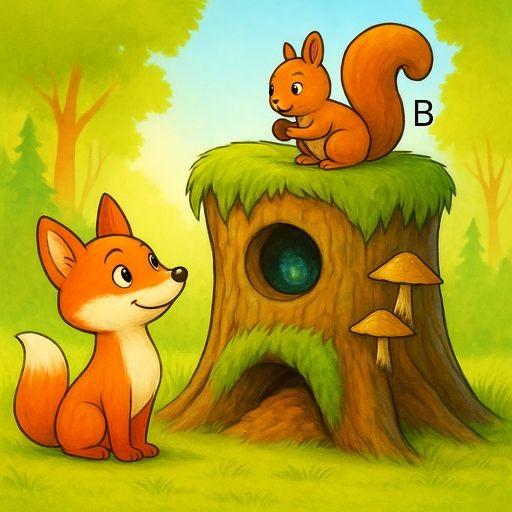 A friendly orange fox named Prosha looking at a large, old mossy tree stump in a sunny forest. The stump is a 'multi-story house': an ant hill is at its base, small mushrooms grow on the side, a bird has a nest in a hollow, and a squirrel sits on top. Bright illustration, clear details, no text.
