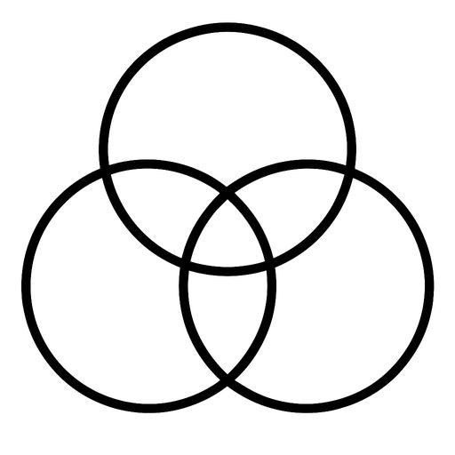 Black-and-white line-art: three circles A, B, and C intersecting in a clover-like pattern with a common central area.