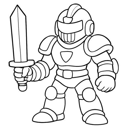 Black-and-white line-art coloring page: a futuristic cyber-knight in detailed power armor, simple bold contours, no shading, suitable for crayons.