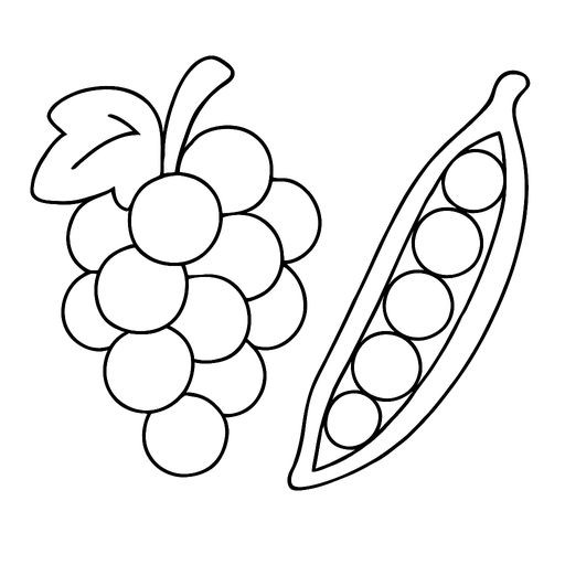Black-and-white line-art coloring page for kids: a simple bunch of grapes and a pea pod with peas inside, bold contours, no shading.