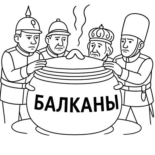 Black-and-white line-art political cartoon: 'The Boiling Balkan Pot'. Several European monarchs in historical military uniforms are desperately trying to keep the lid on a large steaming pot. The pot has the word 'BALKANS' written on it in Russian: «БАЛКАНЫ». Simple bold contours, no shading, suitable for coloring.