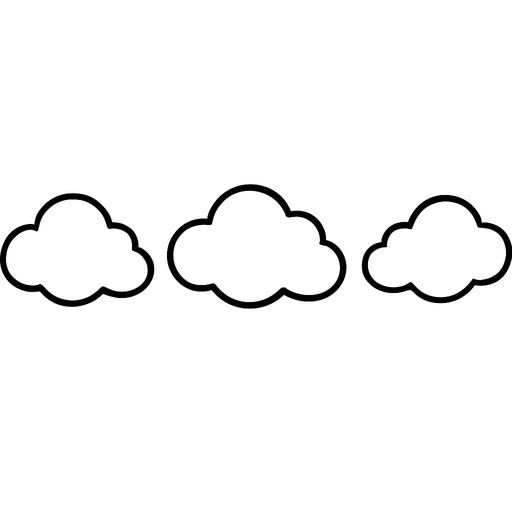 Black-and-white line-art coloring page for kids: three simple stylized clouds in a row. Inside the first cloud is the text 'P=1', inside the second 'P=0', and inside the third '0 < P < 1'. Simple bold contours, no shading, suitable for crayons.