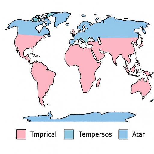 A realistic world map showing distinct colored bands representing different climate zones: tropical (red), temperate (green), and polar (blue). Simple legend included, no complex text.
