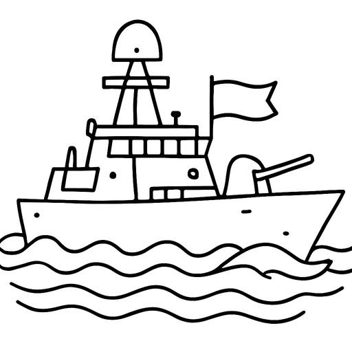 Black-and-white line-art coloring page for kids: a modern naval corvette ship on ocean waves, simple bold contours, no shading, suitable for crayons.