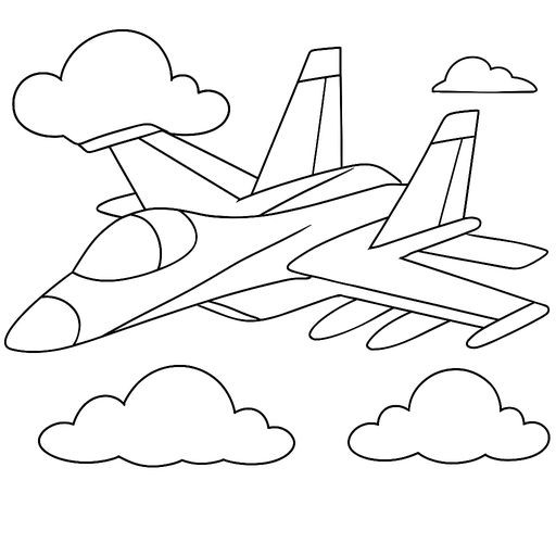 Black-and-white line-art coloring page for kids: a modern fighter jet Su-35 flying above clouds, simple bold contours, no shading, suitable for crayons.