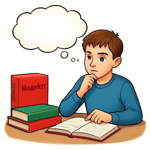 A realistic color illustration of a 15-year-old schoolboy named Alex, sitting at his desk, surrounded by books on Russian grammar. He is thinking about morphological features. High quality, educational style.