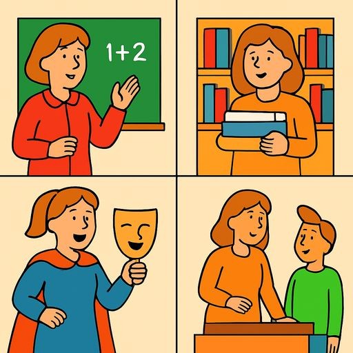 Black-and-white line-art for kids: a 2x2 grid of four distinct characters. Top-left: a teacher standing by a blackboard with simple math. Top-right: a librarian holding a stack of books in front of a shelf. Bottom-left: an actor in a costume holding a theatrical mask. Bottom-right: a museum guide pointing at a large mammoth skeleton on a pedestal. Simple bold contours, no shading.