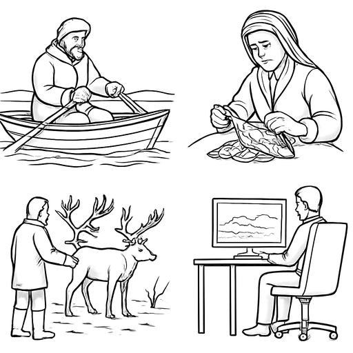 A 2x2 grid of four distinct scenes, one per equal cell, flat vector style, plain white background, no text. Top-left: A man in traditional fur clothing steering a small wooden boat on a river with a fishing net. Top-right: A woman in a national Siberian costume embroidering a complex pattern on a piece of deer skin. Bottom-left: A boy in a parka feeding a group of reindeer in the snowy tundra. Bottom-right: A person sitting in a modern office chair at a computer desk with a gaming monitor.