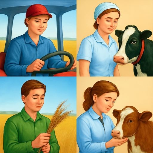 A 2x2 grid of four realistic colorful illustrations of agricultural professions: top-left a tractor driver in a modern tractor, top-right a milkmaid in a clean uniform near a cow, bottom-left an agronomist in a wheat field holding ears of grain, bottom-right a veterinarian examining a small calf. No text, white background between cells.