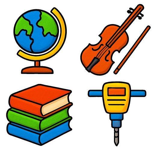 Black-and-white line-art for kids: a 2x2 grid of four objects. Top-left: a school globe. Top-right: a violin with a bow. Bottom-left: a stack of books. Bottom-right: a heavy industrial jackhammer. Simple bold contours, no shading, white background.