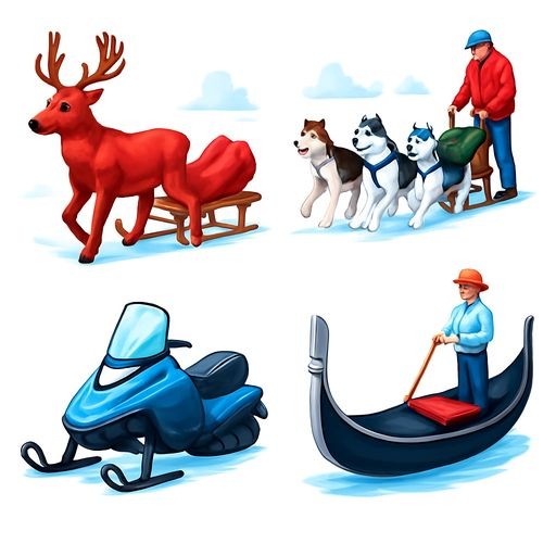A 2x2 grid of four distinct images: a reindeer sled in the snow, a dog sled with huskies, a modern snowmobile, and a classic Venetian gondola on a canal. Realistic digital art style, vivid colors, white background, no text.