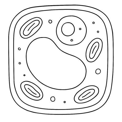 Black-and-white line-art coloring page for kids: a large plant cell with a thick cell wall, a large central vacuole, a nucleus, and several oval chloroplasts. Simple bold contours, no shading.