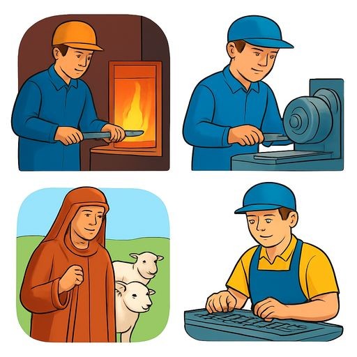A 2x2 grid of four realistic illustrations: top-left a steelworker in protective gear at a glowing furnace, top-right a turner working at a metal lathe machine, bottom-left a shepherd with a wooden staff and a flock of sheep in a meadow, bottom-right an assembly line worker putting together electronic circuits. No text, flat style.
