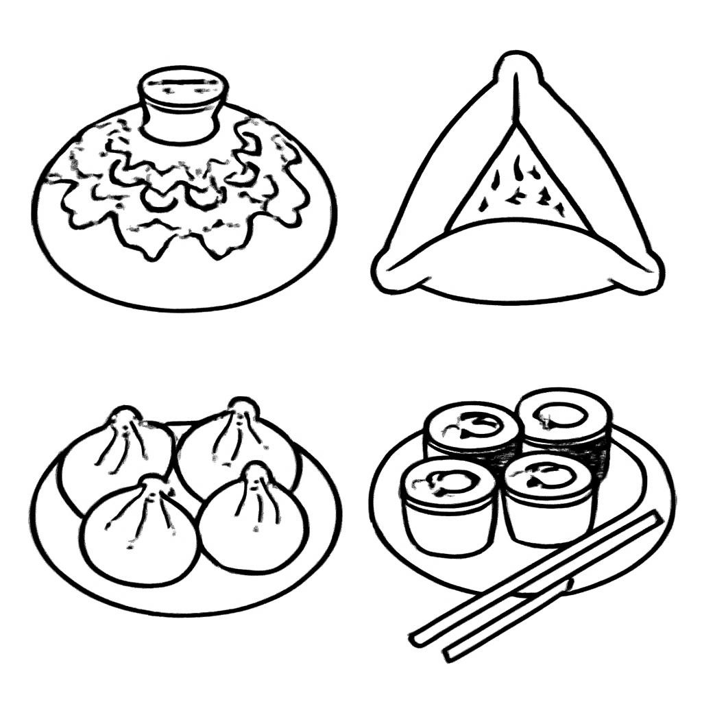 A 2x2 grid of four distinct food objects, one object per equal cell, flat vector line-art style, plain white background, no text. Top-left: a traditional Russian Karavai (ornamental round loaf of bread with a small salt cellar on top). Top-right: a Tatar Echpochmak (triangular meat pie). Bottom-left: a plate of Buryat Buuz (steamed meat dumplings). Bottom-right: a plate of sushi rolls.