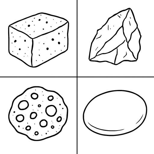 Black-and-white line-art: 2x2 grid. A: block of granite with speckles, B: sharp jagged piece of flint, C: porous white limestone, D: smooth round river pebble. Simple bold contours, no shading.