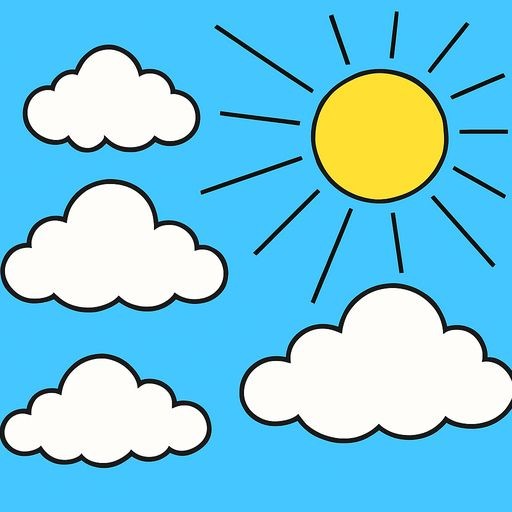 Black-and-white line-art coloring page for kids: fluffy clouds in the sky with sunbeams, simple bold contours, no shading.