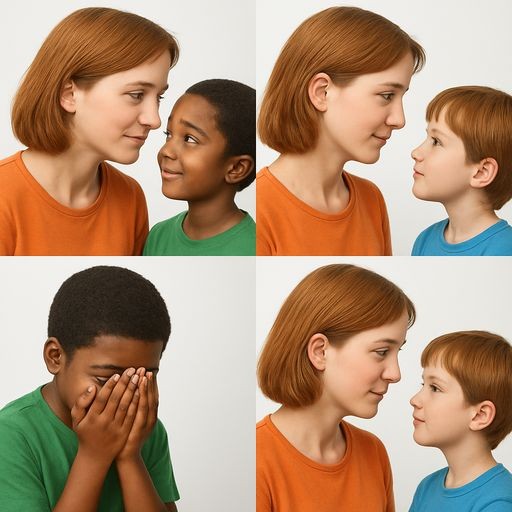 A 2x2 grid of four illustrations: three show a child looking directly into the teacher's eyes, one shows a child looking at the floor and hiding their face. Realistic colorful style, white background, no text.