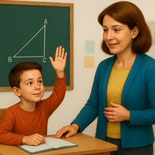 Realistic colorful illustration of a classroom scene: a boy is sitting at his desk, looking attentively at the teacher and raising his hand. The teacher is smiling back at him.