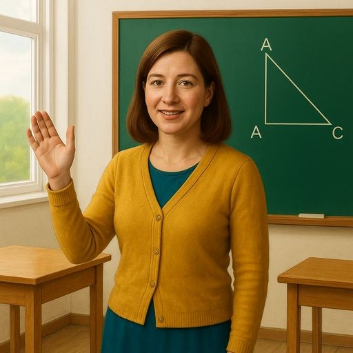 Realistic colorful illustration of a friendly female teacher standing near a chalkboard in a bright classroom, smiling at her students. High quality, friendly atmosphere.