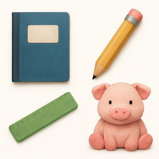 A 2x2 grid of four distinct objects: a blue school notebook, a yellow wooden pencil, a green plastic ruler, and a pink plush toy pig. Flat vector style, realistic colors, white background, no text.