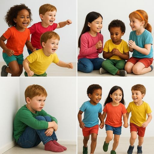 A 2x2 grid of four scenes: three scenes show groups of children playing together and laughing, one scene shows a lonely child sitting alone in a corner looking sad. Realistic colorful style, white background, no text.