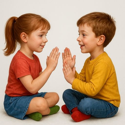 Realistic colorful illustration of two first-grade children sitting opposite each other and playing 'Ladushki' clapping hands game, smiling and looking at each other.