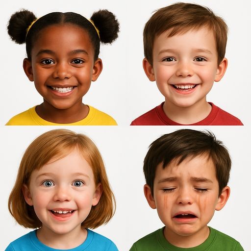 A 2x2 grid of four children's faces: three children are smiling happily, one child is crying with big tears. Realistic colorful style, white background, no text.