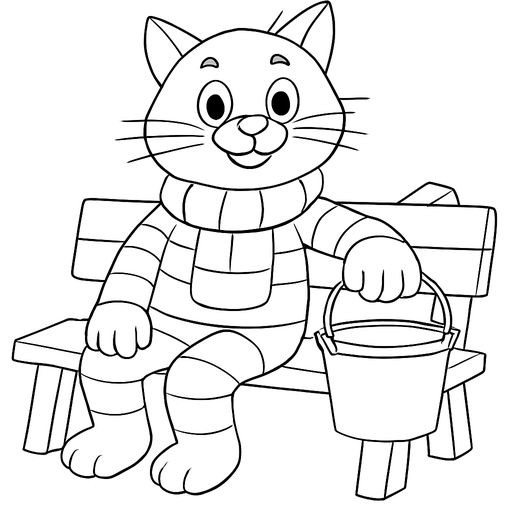Black-and-white line-art coloring page for kids: Cat Matroskin from Prostokvashino sitting on a wooden bench, simple bold contours, no shading, white background, suitable for crayons.