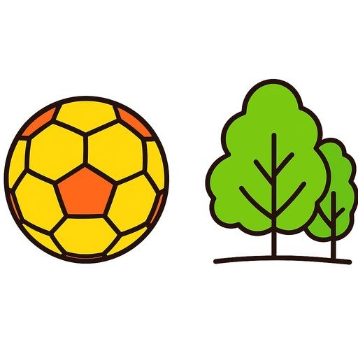 Black and white line art for kids: a simple drawing of a ball (мяч) on the left and a small forest (лес) on the right. Minimalist contours, no shading.