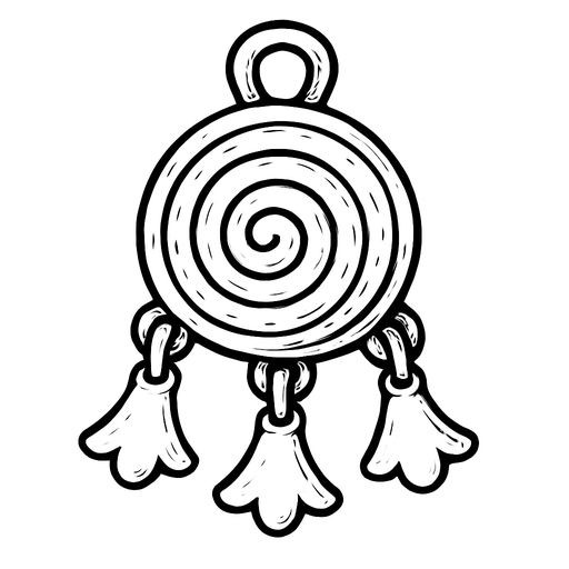 Black-and-white line-art coloring page for kids: an ancient bronze 'shaking' pendant with small duck-foot-shaped dangles and spiral patterns, simple bold contours, white background.
