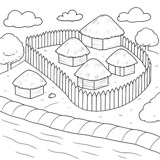 Black-and-white line-art coloring page for kids: a reconstruction of an Ancient Iron Age fortified settlement (Dyakovo culture) on a steep river bank, wooden palisade walls, small timber huts with thatched roofs, simple bold contours, no shading.