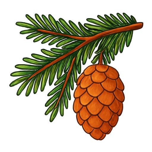 Black-and-white line-art coloring page for kids: a detailed branch of a spruce tree with a hanging long cone and many short sharp needles, simple bold contours, no shading, white background.