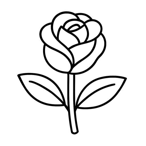 Black-and-white line-art coloring page for kids: a simple large flower with petals, a stem, and two leaves. Simple bold contours, no shading, suitable for crayons.