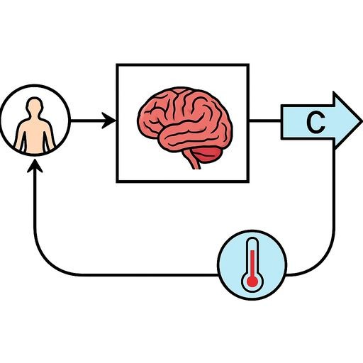 Black-and-white schematic line drawing: a feedback loop diagram with a sensor, a control center, and an effector, labeled with letters A, B, C in Russian style, technical drawing style.