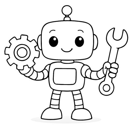 Black-and-white line-art coloring page for kids: a friendly cute robot holding a gears and tools, simple bold contours, no shading, suitable for crayons.
