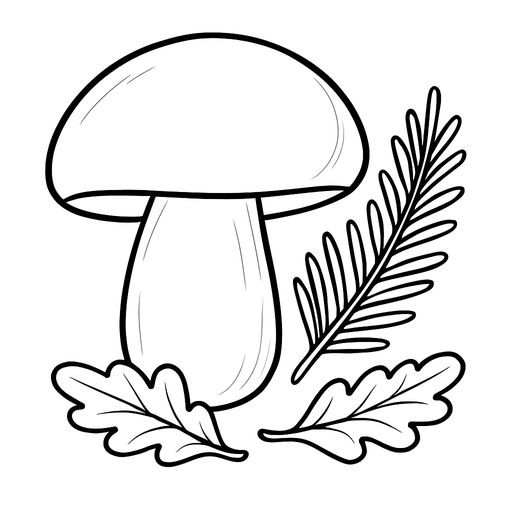 Black-and-white line-art coloring page for kids: a large edible mushroom with a thick stem and a smooth round cap, growing next to a small spruce branch with needles and two fallen oak leaves, simple bold contours, no shading, suitable for crayons.