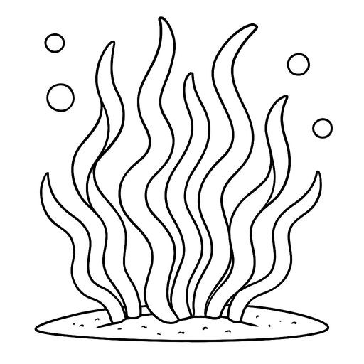 Black-and-white line-art coloring page for kids: long wavy ribbons of kelp seaweed underwater. Simple bold contours, no shading.