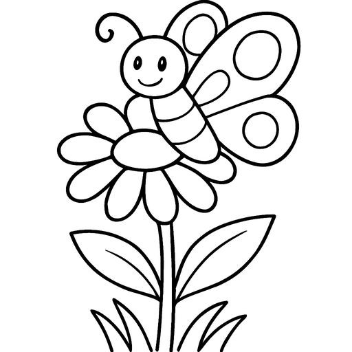 Black-and-white line-art coloring page for kids: a large simple butterfly with patterns on its wings sitting on a big daisy flower with a stem and two leaves, a few blades of grass at the bottom, simple bold contours, white interior, no shading, suitable for crayons.