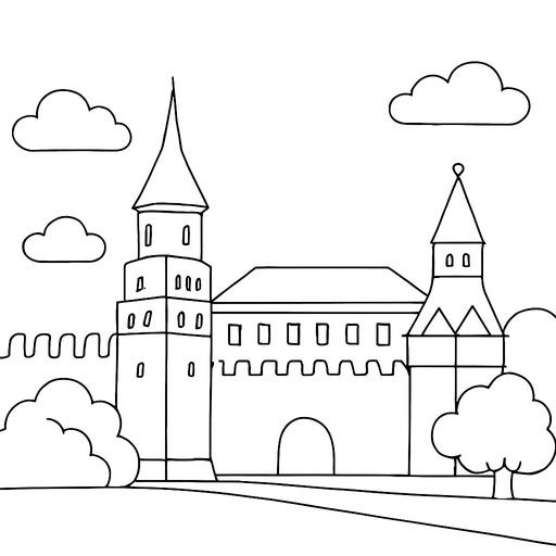 Black-and-white line-art coloring page for kids: a view of the Moscow Kremlin with a large Russian flag flying on top of a tower, simple bold contours, no shading.
